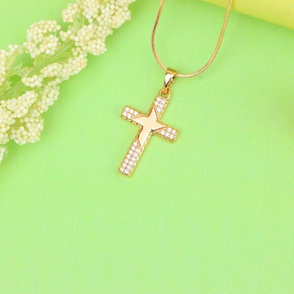 "Rose Gold Cross Pendant with Star Design and Sparkling Accents, XPPT1748 - Picture 3 of 13
